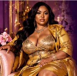 Elegant plus-size fashion model wearing gold