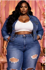 Plus-size model in denim outfit