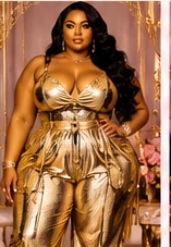 Plus-size model in gold outfit