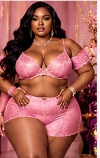 Plus-size model in pink lounge set